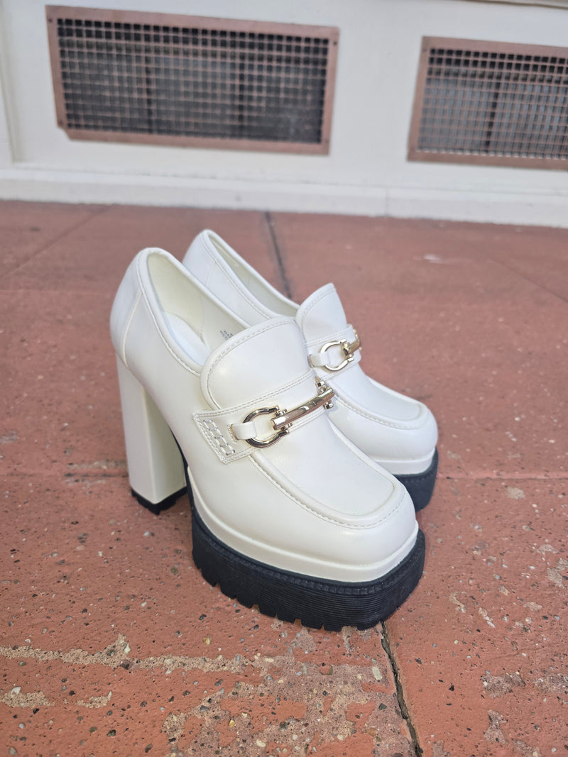 White Platform Loafer Heels – Chunky Retro Statement Shoes